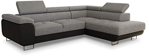 Ecksofa Caris mit Schlaffunktion und einstellbare Kopfstützen, Wohnlandschaft mit Bettkasten, Couch, Sofa, Bettsofa (Schwarz + Grau (Soft 011 + Sawana 21), Ecksofa Rechts)
