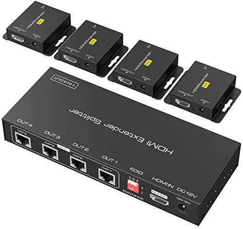 VPFET HDMI Extender Splitter via Cat5e 6 165ft 1 In 4 Out Transmission Balun Ethernet Support 1080p HDCP EDID POC Une alimentation pour travailler avec