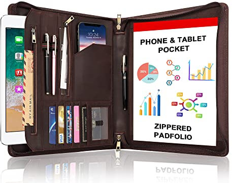 FREI NAME GRAVUR, Personalisierte Konferenzmappe A4, Leder Schreibmappe Aktenmappe mit Schreibblock, Portfolio Organizer Ordner für Besprechungen/Notebook, Customized | Dunkelbraun