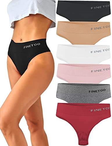 FINETOO 6-Pack String Thongs Ladies Tummy Control Thongs Set Breathable Thong Women Underpants High Waist Underwear Soft Panties Multipack S-XL