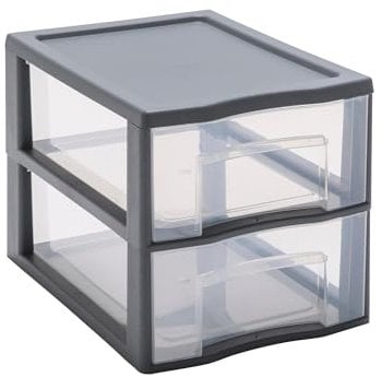 SUNDIS Tag Tower, schubladenbox aus Kunststoff, grau, 2 transparente Schubladen für A4-Papier, Höhe 25,5 cm, stapelbar, ideal für Schreibtisch, Unterricht, Dokumente, Zubehör