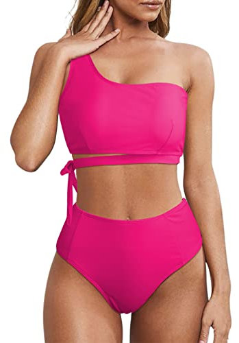 Wantonfy Femme Ensembles de Bikini Taille Haute à Une Épaule Maillot de Bain 2 pièces de Bain