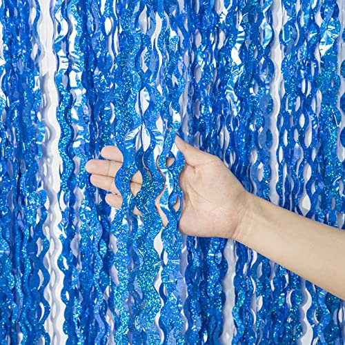 Lametta Vorhang Blau Glitzer, 2 Stück Metallic Folie Fransen Lametta Vorhänge, Blau Streamer Tinsel Curtain Photo Backdrop für Junge Mann Geburtstag Babyparty Verlobungs Fasching Partydeko (1m x 2m)