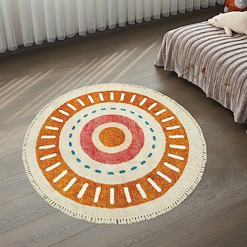 Lukinbox Retro-Sonnenteppich, rund, 1.2 m, Boho-Teppiche für Schlafzimmer, superweiche, rutschfeste Teppiche mit Fransen, Regenbogen-Überwurf, Teppiche für Kinderzimmer, Wohnzimmer, Esszimmer