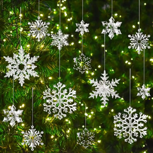 Weihnachtsdeko Schneeflocken zum Anhänger 32 Stück, Acryl Schneeflockendeko Ornamente, Eiszapfen Hängen Dekoration für Weihnachtsbaumschmuck, Winterdeko Party Snowflake, Christbaumschmuck Fensterdeko