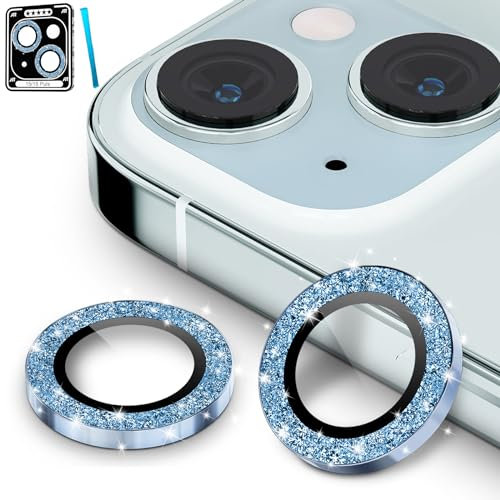 CloudValley Pellicola Fotocamera per iPhone 15 6,1 Pollici e iPhone 15 Plus 6,7 Pollici, Protettive In Vetro Temperato, Accessori 9H Anti-Graffio HD Chiaro, Brillantini Blu