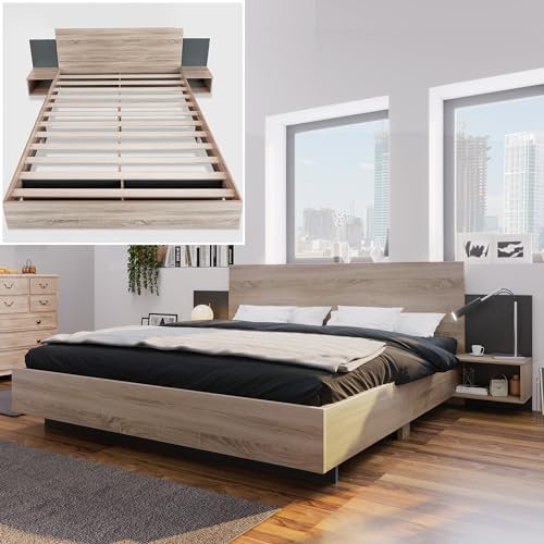 Aunvla Doppelbett Holzbett Bettanlage 160 x 200 cm mit 2 Nachtkommoden Modernes Bett inkl. 2 Nachttischen Schlafzimmer Komplett-205.5x235x76.5 cm(T/B/H) Set in Eiche Sonoma/Dunkelgrau