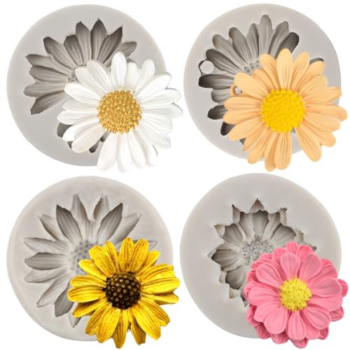 MYPRACS Set di 4 stampi in silicone a forma di fiore di crisantemo, margherite, decorazioni per torte, cupcake, caramelle, argilla polimerica, cioccolato, pasta di gomma