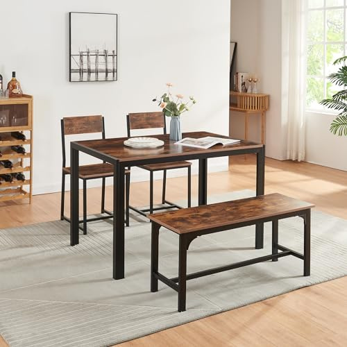 Panana 4 Seats Dining Table Set Wooden Compact Table 2 Chairs 1 Bench Set Metal Kitchen Room Furniture (Brown)