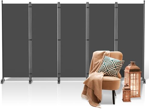 Fiqops Biombo biombo con ruedas, 5 piezas, 284 x 181 cm, resistente a la intemperie y divisor para exteriores, oficinas, balcones, antracita