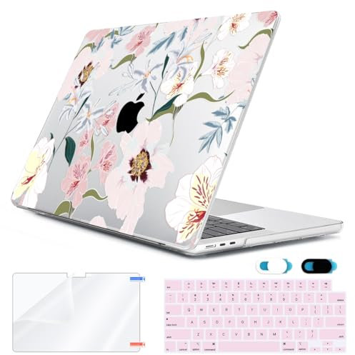 HOHAIYOO Compatible with MacBook Air 13.6 inch Case 2025 2024 2023 2022 Release M4 A3240 M3 A3113 M2 A2681 with Touch ID, Plastic Hard Shell Case&Keyboard Cover&Screen Film&Webcam Cover, Pink Floral