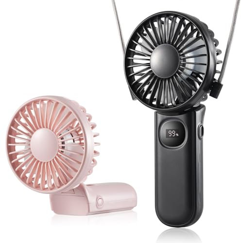 Leimaq Handheld Mini Fan, 2 Pack Handheld/Neck/Desk 3 in 1 Small Portable Fan USB Rechargeable, 3000mAh Battery Operated with LED Display, 180° Foldable with 5 Speed Wind (Black+Pink)