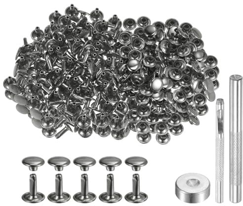 sourcing map 200 Sets Leather Rivets 9mm x 10mm Metal Double Cap Rivet Snaps Studs Fasteners with 3pcs Setting Tools Rivets for Leather Craft DIY Repair Decoration, Gunmetal