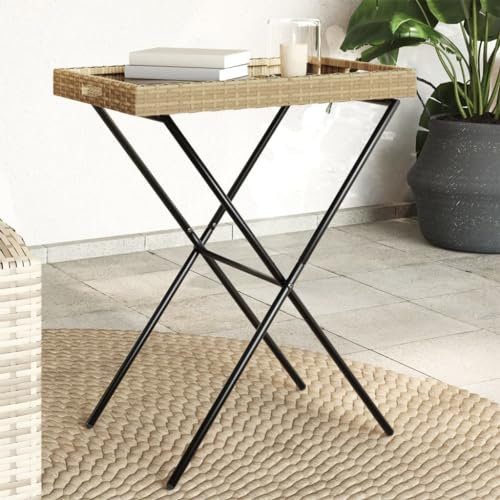 LAPOOH Tabletttisch Klappbar Beige 65x40x75 cm Poly Rattan, Balkontisch, Beistelltisch Outdoor, Balkon Tisch, Gartentisch Klein, Tisch Klein, Gartenmöbel, Terrassen Tisch - 365130