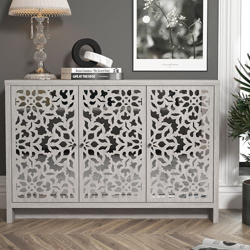 Galano Norwich 3 Door Sideboard – Modern Laser Cut Design with Acrylic Mirror – Storage Cabinet for Living Room, Bedroom, or Kitchen – Dusty Grey Oak