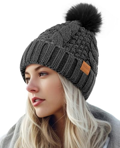 PIOZAED Women's Winter Pompom Beanie Warm and Cozy Knit Hat Fleece Lining Skull Cap for Women