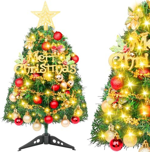 Mini Sapin de Noël Artificiel 50cm, Petit Arbre de Noel de Table DIY Ornements Décoration avec Étoile Sommet Floqué de Neige Bureau Extérieure Accueil Fête de Vacances Cadeaux (Rouge Or)