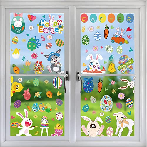 Fensterbilder Ostern Festival Kaninchen Osterei kleine Tiere Deko Selbstklebend Aufnehmbare Fensterdeko Fenstersticker Statisch Haftend PVC Aufkleber für Fenster Vitrine Türen Schaufenster