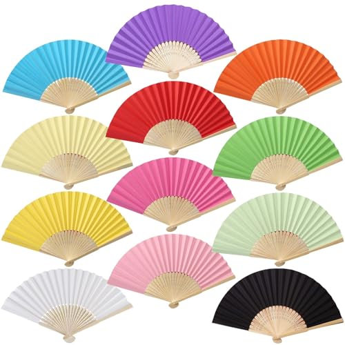 12 Stück Handfächer Fächer Bunt Faltbare Papierfächer Silk Bambus Faltfächer Handheld Gefaltet Fan für Hochzeit Deko, Party, Fest und Picknick, DIY Dekoration