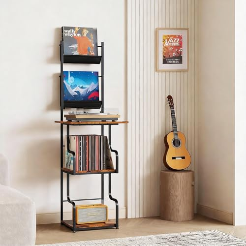 TJ.MOREE Supporto per giradischi con contenitore in vinile, supporto per giradischi con tavolo per giradischi, tavolo per giradischi con spazio in vinile fino a 200 album, supporto per giradischi con