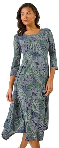 Roman Hanky Hem Swing Dress with Pockets for Women UK Ladies Asymmetric Hemline Stretch Jersey 3/4 Sleeve Winter Smart Casual Work Office Knee Length Tunics - Navy Green - Size 10