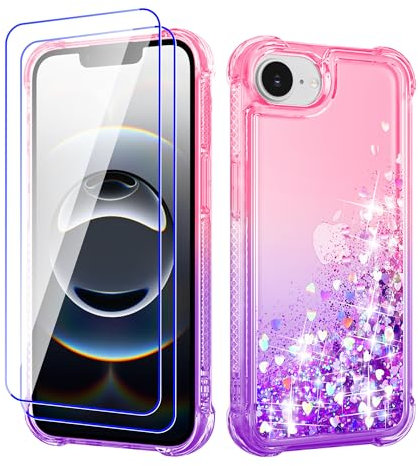 Pilaru Lovely Glitter Case for iPhone 16e 2025 [2 Screen Protector] Clear Liquid Heart Glitter Soft TPU Cover Transparent Girly Shockproof Protective Phone Case for iPhone SE 4,Pink/Purple
