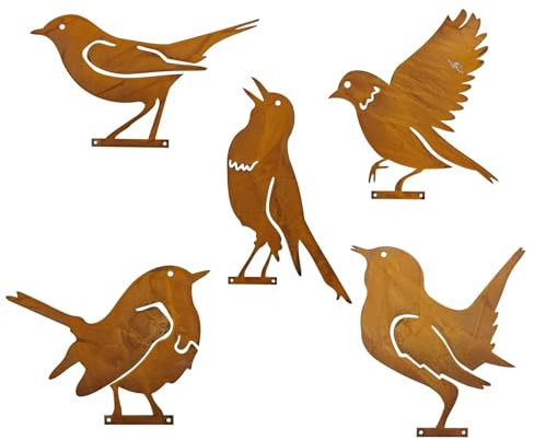 Voarge 5 Stück Rostiges Vögel Deko Rost, 5 Edelrost Metall Vogel Stecker Gartendeko Rostoptik mit Schraubgewinde, Metall Gartenstecker Vogel Stecker Baumstecker für Holz Zaunfiguren Gartendeko
