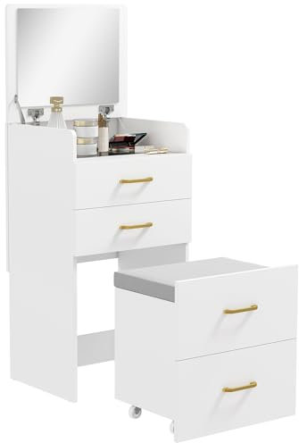 HOMCOM Tavolo da toilette con specchio e sgabello 3 in 1, tavolo da trucco con 3 cassetti, piano in vetro a vista, cuscino imbottito e rotelle, tavolo da toilette da scrivania, 48 x 40 x 90 cm, bianco
