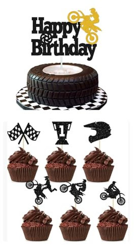KOBOKO Motorrad Torten Deko Geburtstag, 13 Stück Happy Birthday Tortendeko Motorrad, Motorrad Deko Cake Topper Geburtstag, Glitzer Kuchen Deko, Schwarz Kuchendeko für Männer Jungen Sport Party Deko