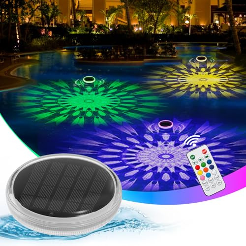 MATEPROX Solar Poolbeleuchtung Schwimmend, IP68 Wasserdichte LED Teichleuchte mit Fernbedienung, Unterwasser Licht für Pool, Whirlpool, Gartenbrunnen & Deko-1 Stück