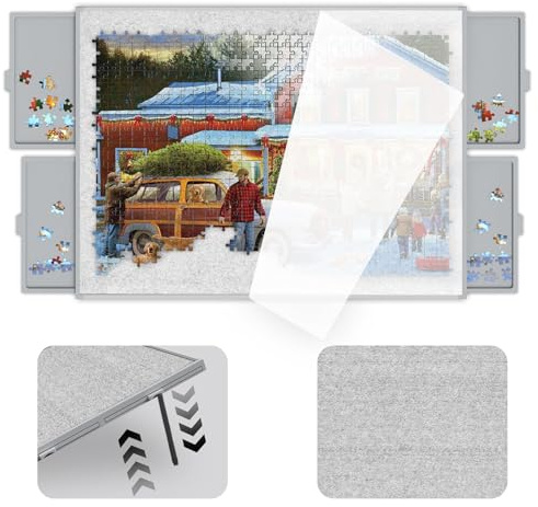 Puzzle Board 1500 Pieces,Jigsaw Puzzle Board with Adjustable Tilting Pole,Felt Surface and Cover,Grey Tilting Puzzle Board with Drawers