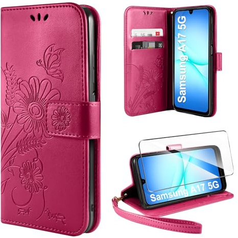 ivencase Handyhülle für Samsung Galaxy A17 5G Hülle mit Schutzfolie, Premium PU Flip Lederhülle Tasche Case Magnetknopf Kartenfach Schutzhülle für Samsung A17 5G - Rot
