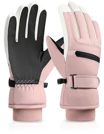 Feelorna wasserdichte Damen Skihandschuhe, Winter Winddicht Thermohandschuhe mit Reißverschlusstasche für Karten, rutschfeste Touchscreen Winterhandschuhe für Skifahren