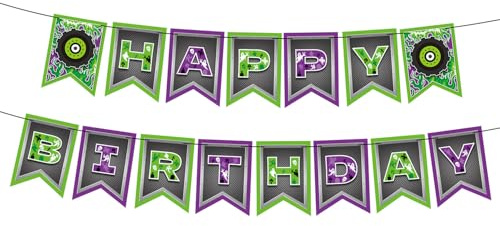 Geburtstagsbanner mit LKW-Motiv, Vorgespannte Grüne und Violette Hängedekorationen mit LKW-Motiven Wimpelkette für die Geburtstagsparty von Jungen