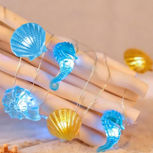 TaimeiMao 2M 20 LED Lichterkette Meerestiere, Lichterketten Innen Außen | Seepferdchen Wellhornschnecken Muschel Lichterkette, Deko für Garten Party Schlafzimmer Weihnachten Hochzeit