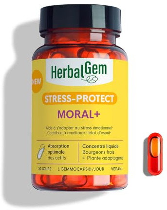 HerbalGem Gemmocaps Stress-Protect Moral+ 30 Capsules | Églantier, frêne, chêne et rhodiola pour contribuer à l'équilibre émotionnel au quotidien. Vegan.