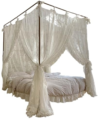 Himmelbett-Vorhänge mit drei Öffnungen, Spitze, Prinzessinnen-Betthimmel, 4 Eckpfosten zum Aufhängen mit Bändern, passend für 4, 92 Fuß
