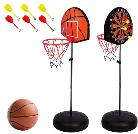 2 in 1 Basketballkorb Outdoor mit Dartscheibe Ständer, Basketballkorb Indoor Outdoor, Dartscheibe mit Ständer, 118-140cm Höhenverstellbar Basketball Korb mit Darts Target BäLlen Pumpe Geschenk