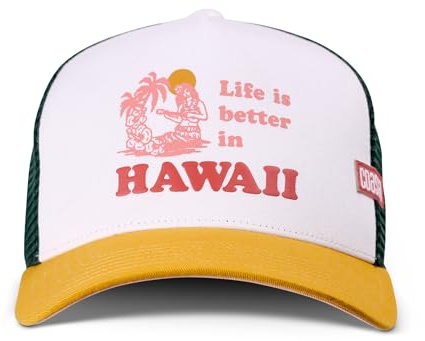Coastal HFT Better Hawaii Trucker Cap - White/Gold/Olive - High Fitted Mesh Baseball Cappy - Surfer Motiv Print - Unisex Surfing Sports Basecap Freizeit Kappe Kopfbedeckung + Stuff & Style Cap-Saver