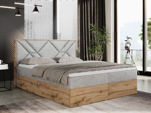 MKS MEBLE Boxspringbett 140x200 cm mit Kopfteil und Bettkasten, Polsterbett mit Mittelfest (H3) Matratze und Topper Visco, Boxspringbett mit Massivholz und Kopfstütze - Gunar - Hellgrau Velvet