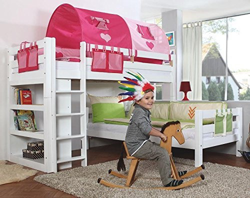 Froschkönig24 Etagenbett Beni L Kinderbett Spielbett Hochbett Bett Weiß Stoffset Pink/Herz