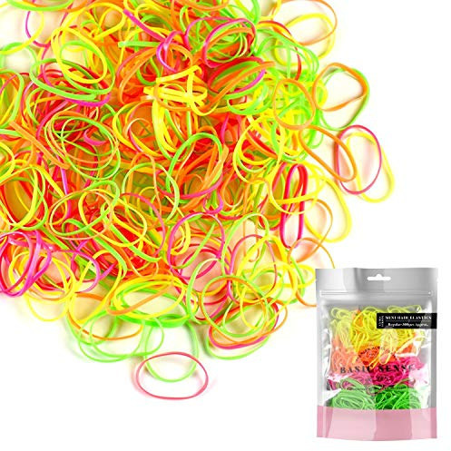Basic Sense Extra Strong Hair Elastics, 300 Rubber Bands, Large - Neon | Thick Hair Bobbles for Girls & Women, No Damage Elastic Hair Ties for Braiding, Plaits & Ponytails, Snag Free, Small or Large