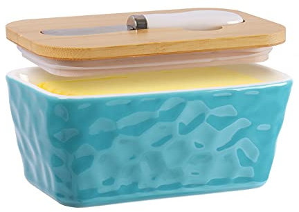 Porcelain Butter Dish,Butter Dishes with Knife and Double Silicone Seal Lid,Cheese Container,Lakeblue