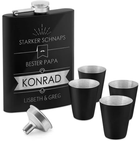 Maverton Flachmann 200 ml mit Gravur - Geschenkset mit 4 Schnapsgläsern 20 ml und Trichter - personalisiert - aus Edelstahl - Schnapsflasche für Männer - Farbe: mattschwarz - Schnaps