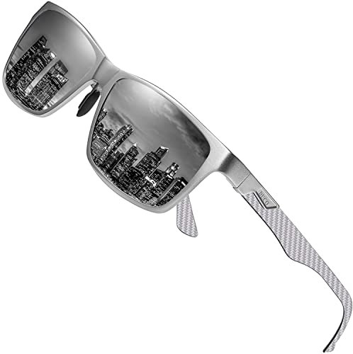 DUCO Herren Polarisierte Sonnenbrille mit Rechteckig Metallrahmen und Kohlefaser Brille Beine UV400 CAT 3 8206 (Silber Rahmen, Grau Linse)