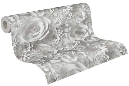 A.S. Création Papier peint intissé - Tapisserie papier peint florale 3D en gris et blanc - Papier peint pour différentes pièces - Papier peint adhésif en 10,05 m x 0,53 m