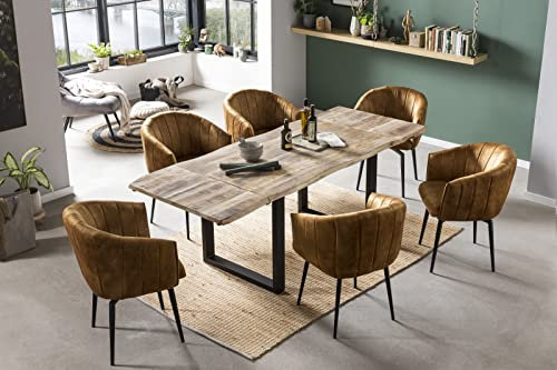 SAM 7tlg. Essgruppe Noar 160 (260) x 90 cm, Mangoholz massiv, 2 Ansteckplatten, naturfarben, Baumkantentisch, U-Gestell Schwarz + 6X Drehstuhl Washington in Ocker