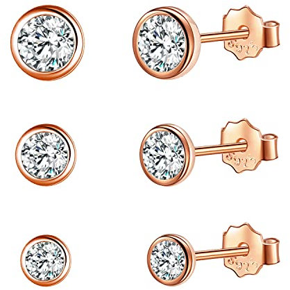 Candyfancy 3 Paar Kleine Ohrstecker 3mm 4mm 5mm Mini Zirkonia Ohrringe Set Für 3 Ohrlöcher Sterling Silber 925 Roségold Ohrringe für Damen Herren Mädchen
