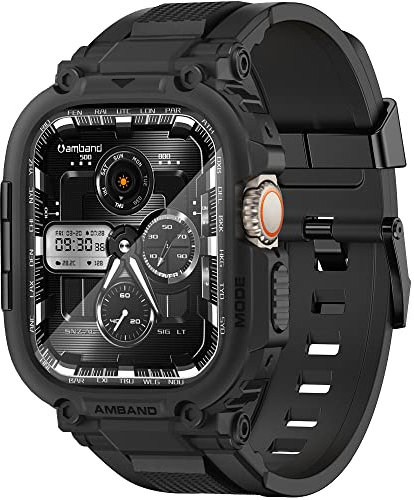 amBand Funda Protector de Pantalla Compatible con Apple Watch Ultra 2/1 49mm, M1 Sport Series Correa Resistente y 2 Paquetes de Cristal Templado, Bumper Militar para iWatch 49 mm Hombre Negro