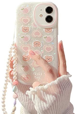Ownest Compatible with iPhone 11 Case, Aesthetics Phone Case with Bear Love Heart Pattern for Girls Womens,Camera Protective Cute Phone Case for iphone 11 + Pearl Chain